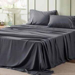 🆕 4 Pieces Gray Luxury California King Polyester Microfiber Cooling Bed Sheet